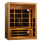 Cedar wood infrared sauna with glass doors, black interior panels, and yellow accent lighting on white background