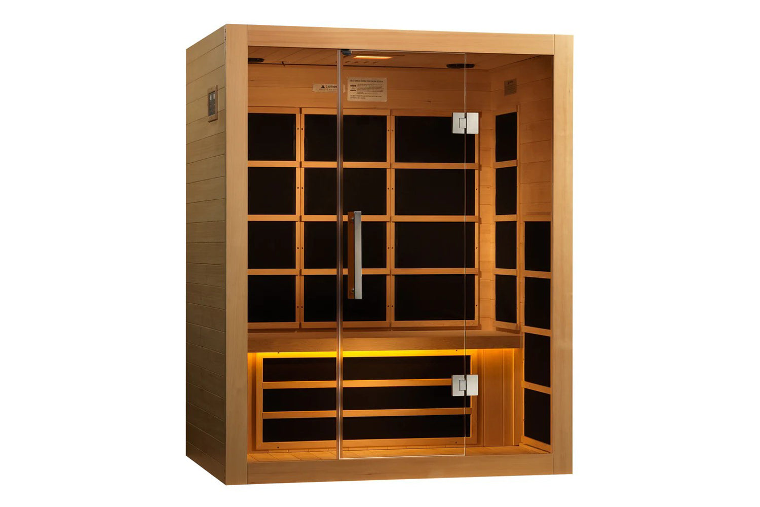 Cedar wood infrared sauna with glass doors, black interior panels, and yellow accent lighting on white background