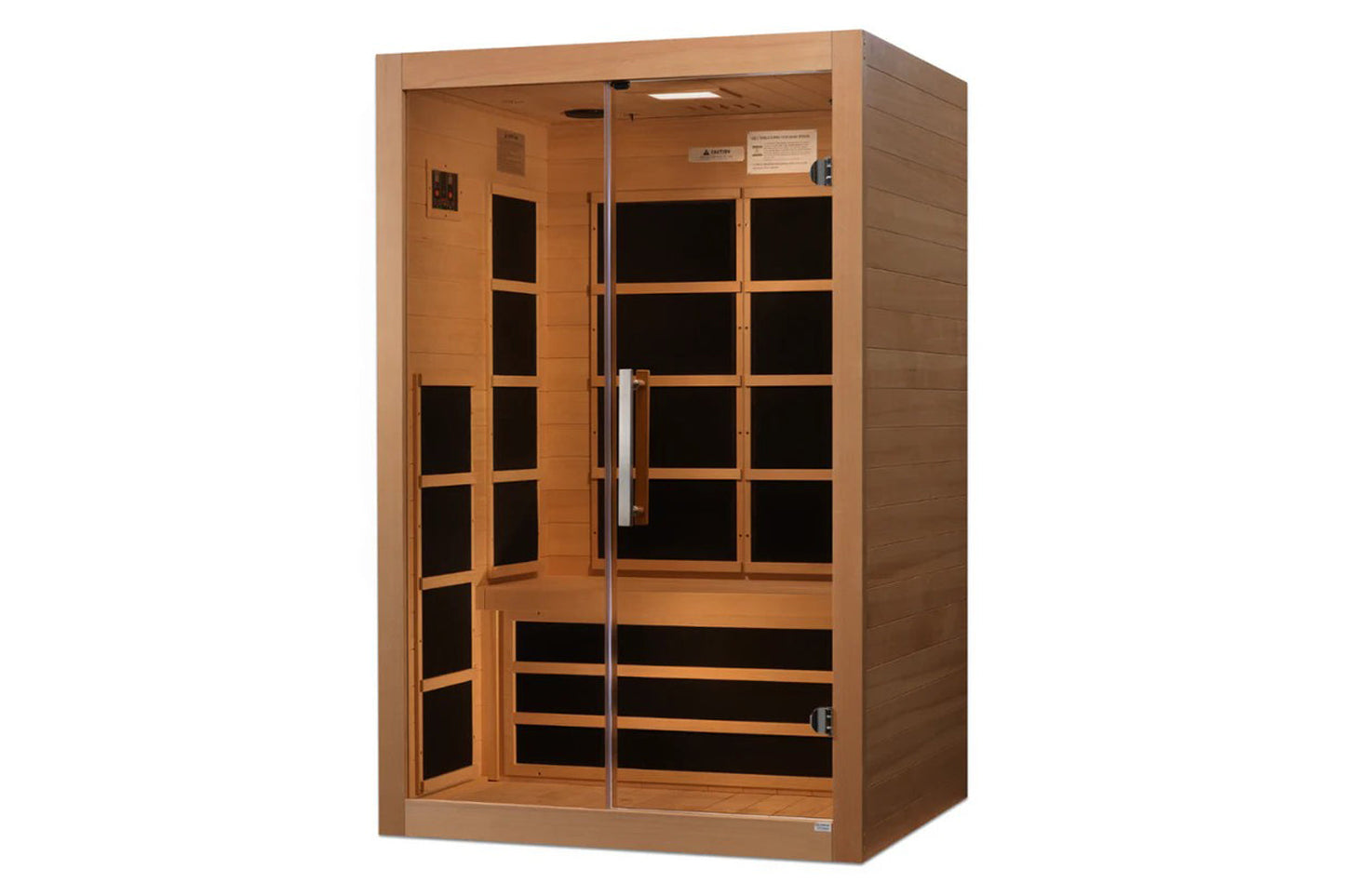 Natural wood infrared sauna cabin with glass double doors, black interior panels, and interior bench seating, on white backgr