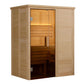 Almost Heaven Hillsboro 2-person indoor sauna with natural wood construction, glass door, and warm interior lighting on white