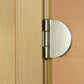 Stainless steel hinge with frosted glass panel on light wood door