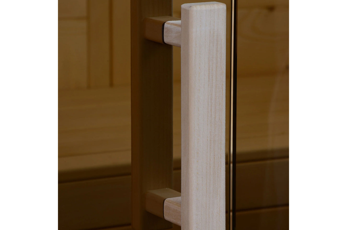 Light natural wood cylindrical door pull on glass sauna door