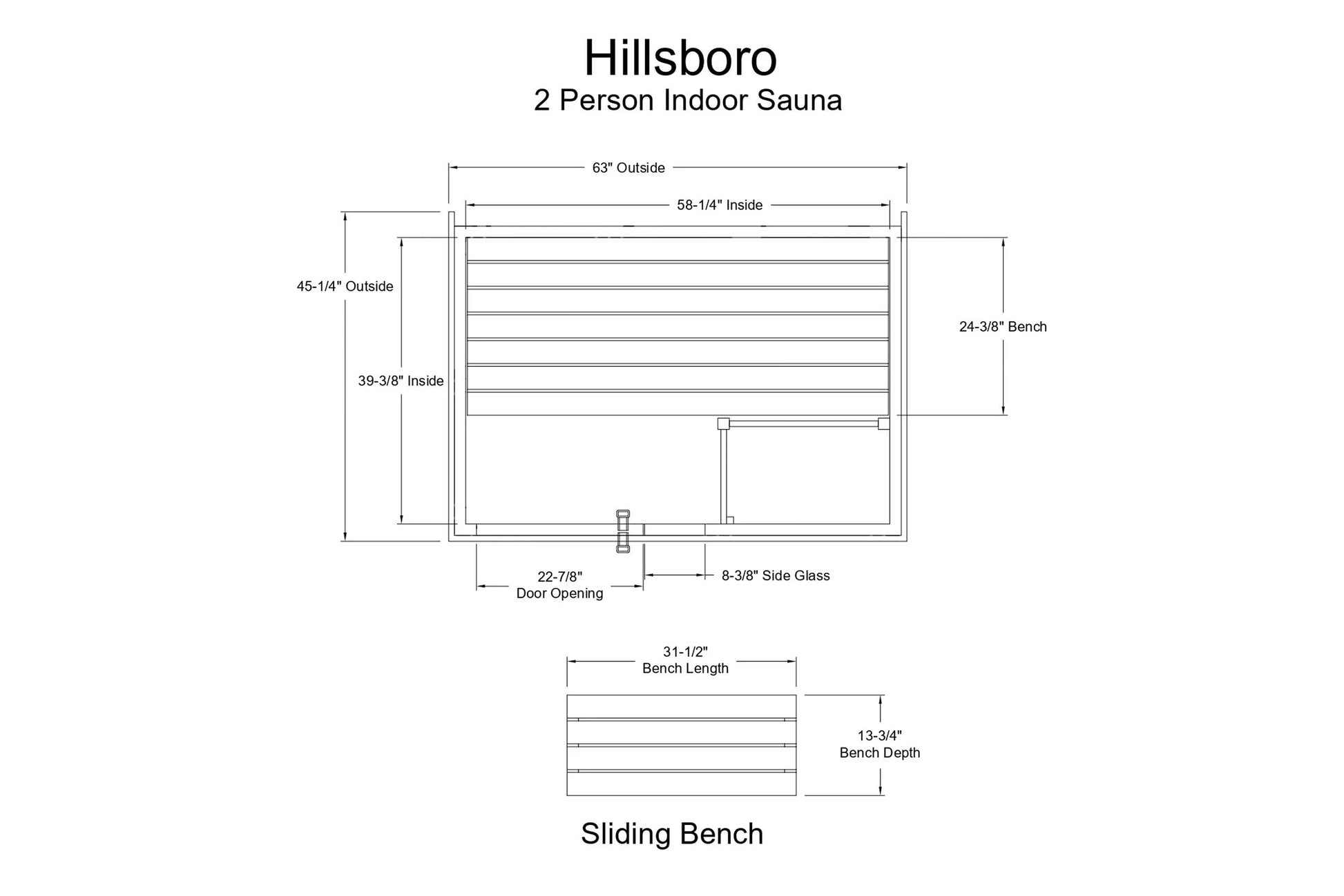 Hillsboro 2-person indoor sauna technical schematic showing dimensions, bench configuration, and door opening specifications