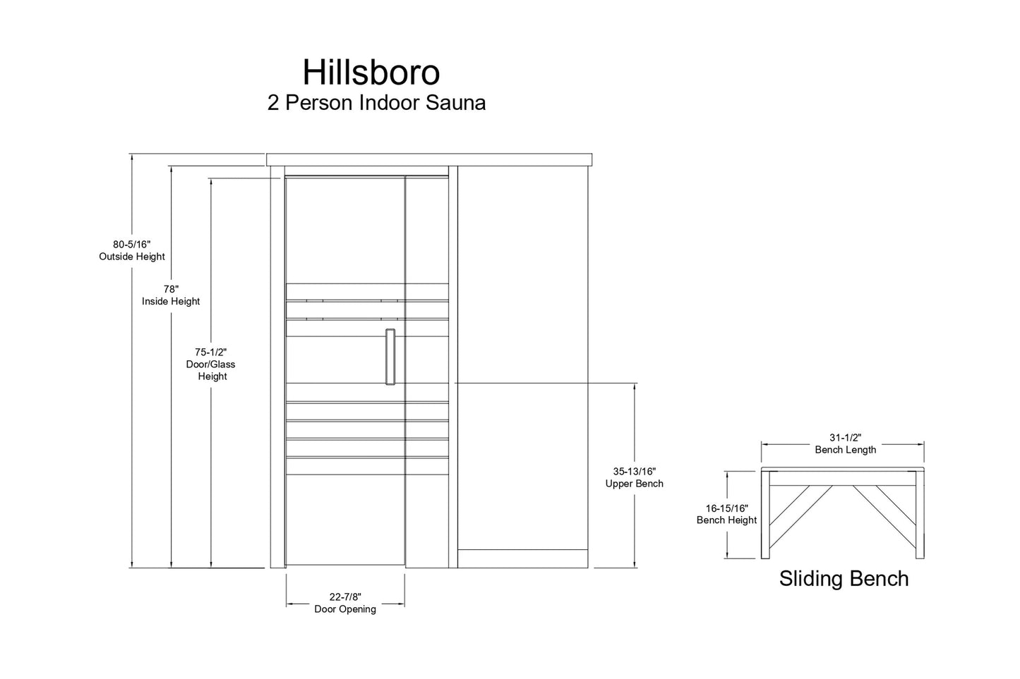Hillsboro 2-person indoor sauna schematic showing exterior dimensions, interior height, glass door opening, and sliding bench