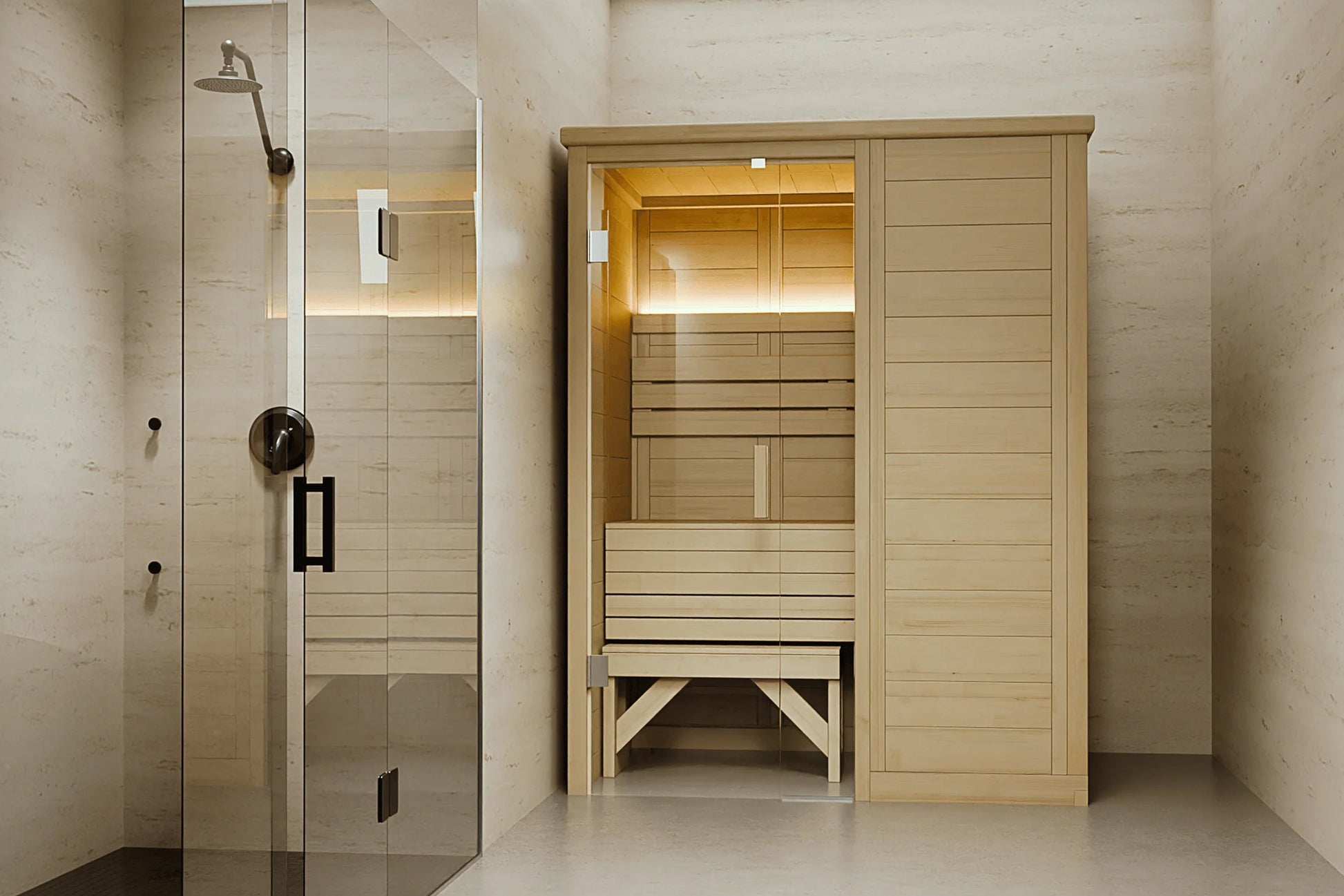 Almost Heaven Hillsboro 2-person indoor sauna with light wood construction, glass door, and bench seating, adjacent to shower