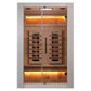 Two-person infrared sauna with light wood interior, glass doors, dual heater panels, and warm amber lighting on white backgro