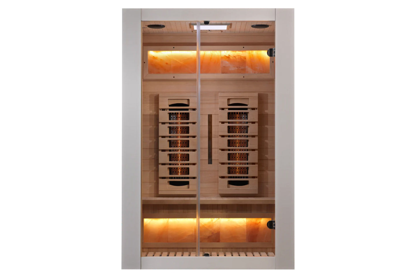 Two-person infrared sauna with light wood interior, glass doors, dual heater panels, and warm amber lighting on white backgro