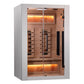 Almost Heaven Himalaya infrared sauna with white exterior frame, glass doors, cedar wood interior, and glowing orange heating