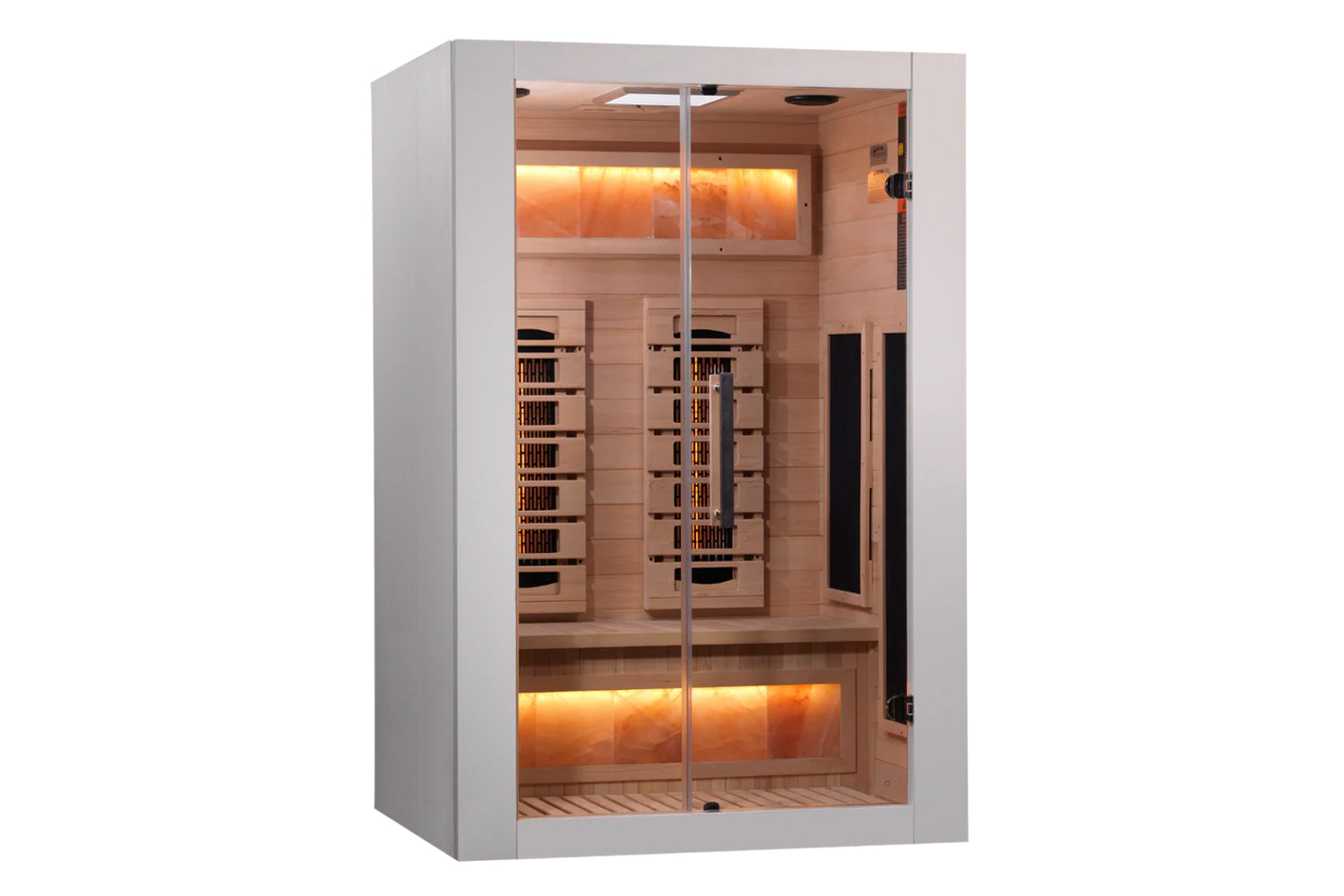 Almost Heaven Himalaya infrared sauna with white exterior frame, glass doors, cedar wood interior, and glowing orange heating