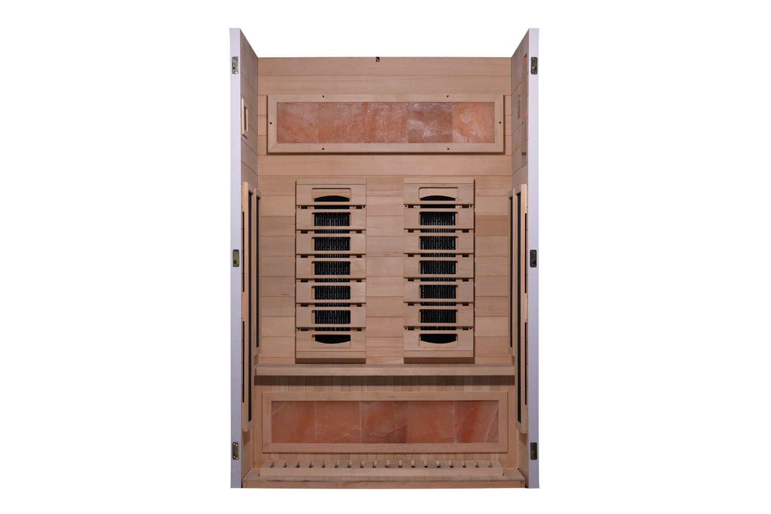 Almost Heaven Himalaya 2-3 person infrared sauna with light wood interior, dual control panels with black vents, and himalaya