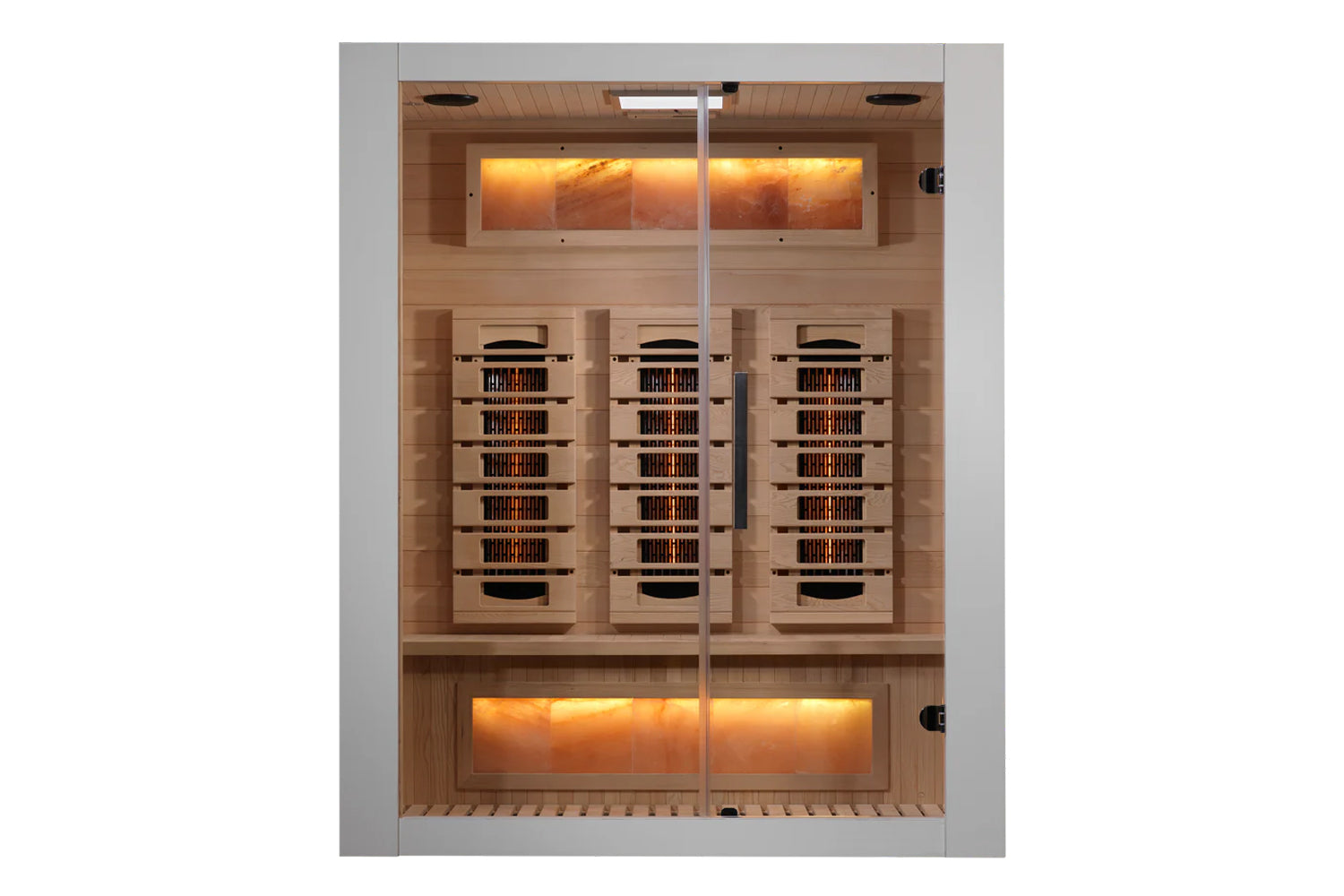 Almost Heaven Himalaya 2-3 person infrared sauna with glass doors, light wood interior, three heater panels, and illuminated 