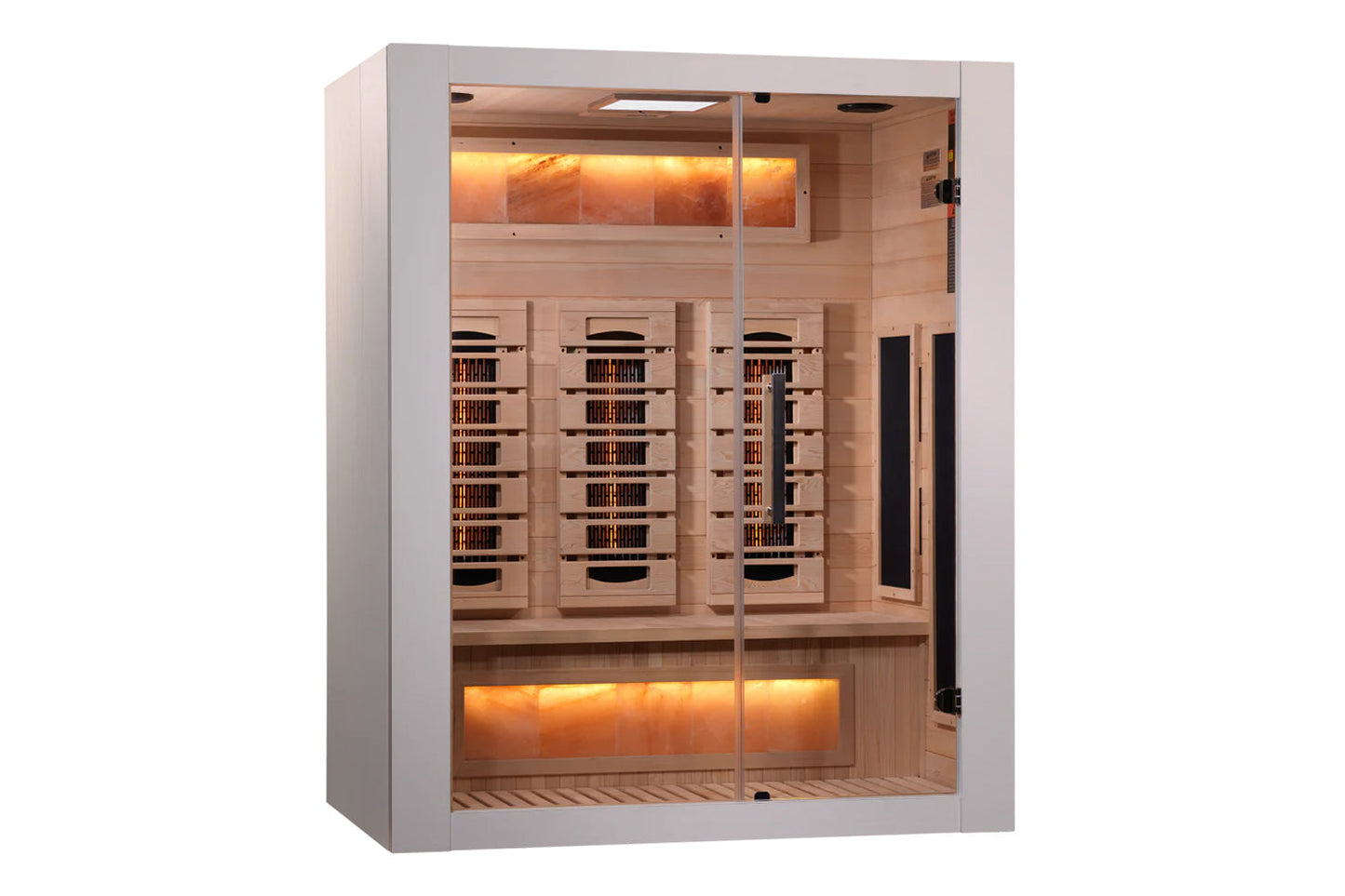 Almost Heaven Himalaya infrared sauna with glass doors, natural wood interior, and glowing amber heat lights on white backgro