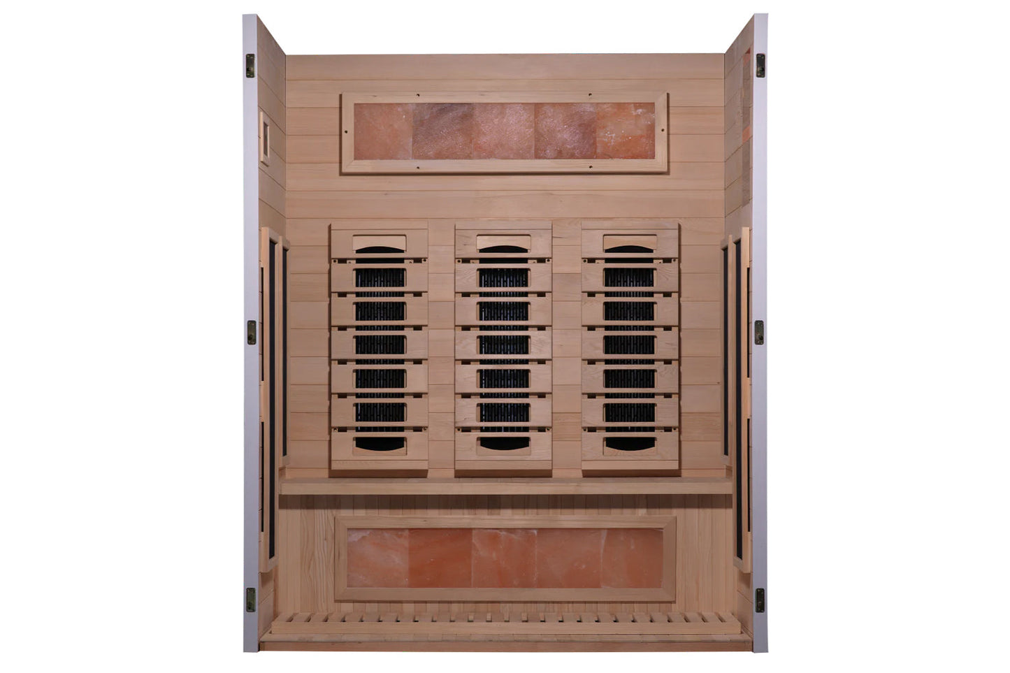 Almost Heaven Himalaya 2-3 person infrared sauna with light wood cabin, nine black heating panels, and terracotta tile accent