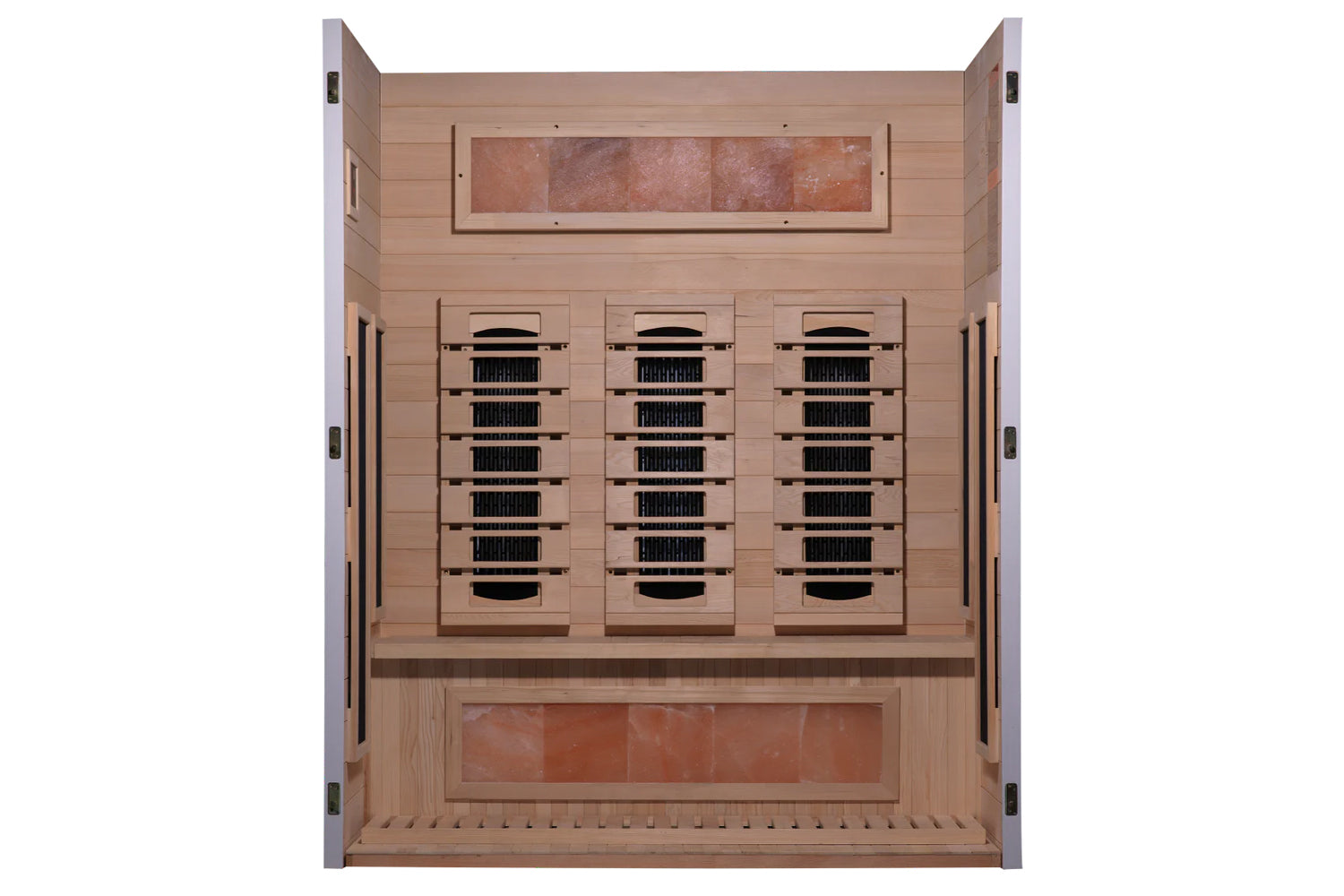 Almost Heaven Himalaya 2-3 person infrared sauna with light wood cabin, nine black heating panels, and terracotta tile accent