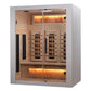 Almost Heaven Himalaya infrared sauna with white exterior frame, glass doors, light wood interior, and glowing heating panels