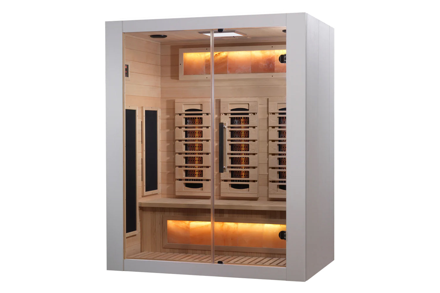 Almost Heaven Himalaya infrared sauna with white exterior frame, glass doors, light wood interior, and glowing heating panels