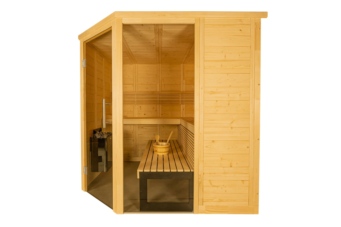 Natural pine wood indoor sauna with glass front door, wooden benches, and black heater stove on white background