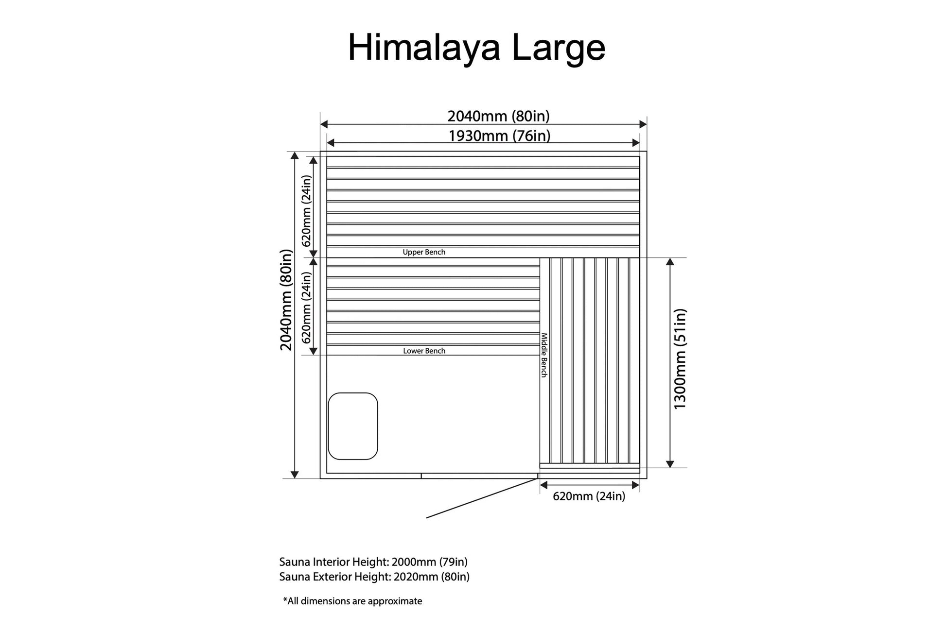 Technical schematic of Himalaya Large sauna showing front view with upper and lower benches, dimensions 2040mm width by 2040m