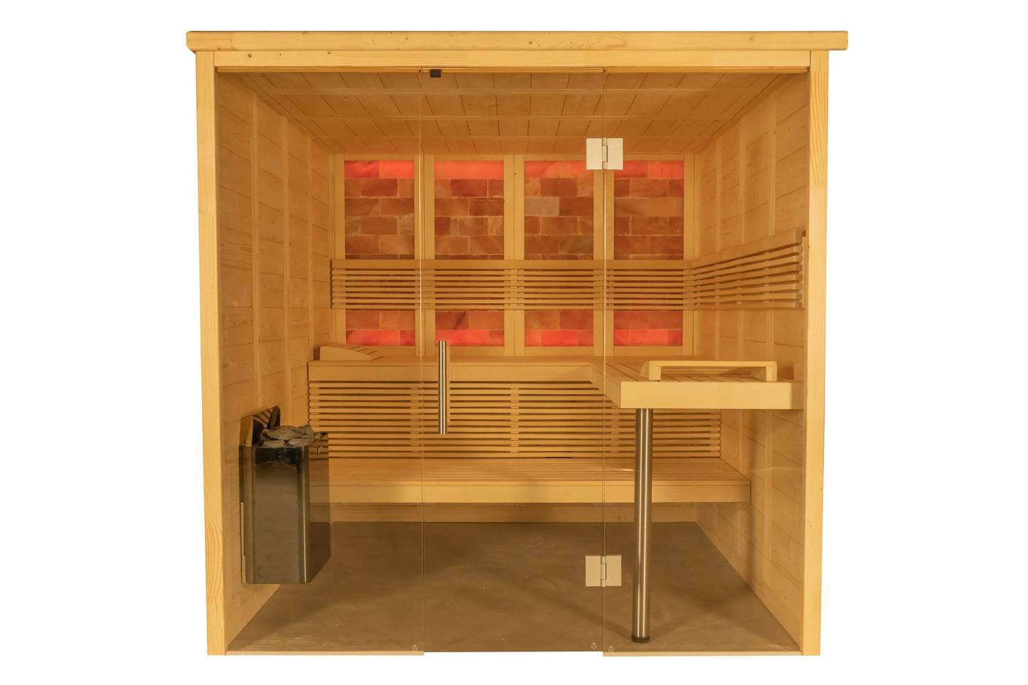 Golden wood sauna with glass doors, infrared heating panels glowing red, wooden benches, and black heater stove on white back