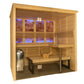 Almost Heaven Himalaya wooden sauna with glass doors, multiple benches, salt brick interior walls, and stainless steel heater