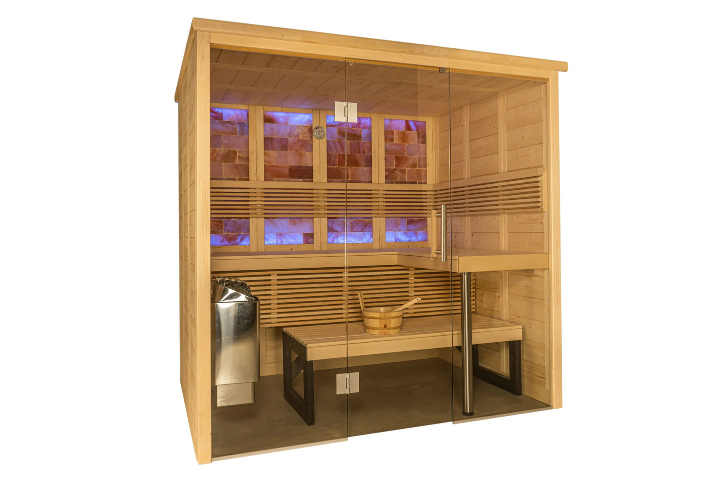Almost Heaven Himalaya wooden sauna with glass doors, multiple benches, salt brick interior walls, and stainless steel heater