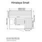 Technical schematic of Himalaya Small sauna with labeled dimensions, upper and lower benches, and interior layout on white ba
