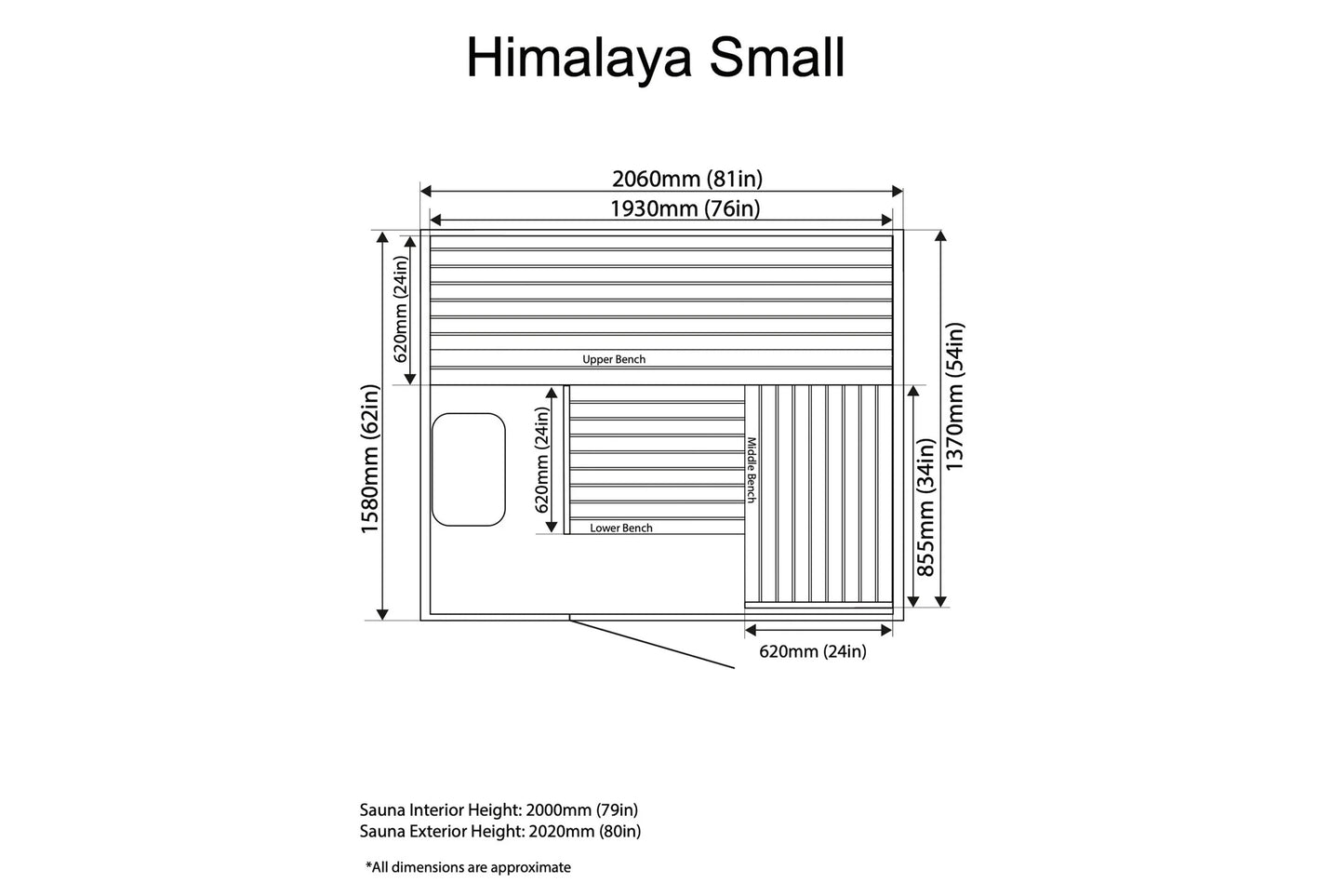 Technical schematic of Himalaya Small sauna with labeled dimensions, upper and lower benches, and interior layout on white ba