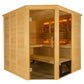 Natural pine wood indoor sauna with glass door and windows, wooden benches, and heating elements glowing inside on white back