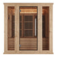 Light wood infrared indoor sauna with black-framed glass door, vertical slat interior panels, wooden benches, and illuminated
