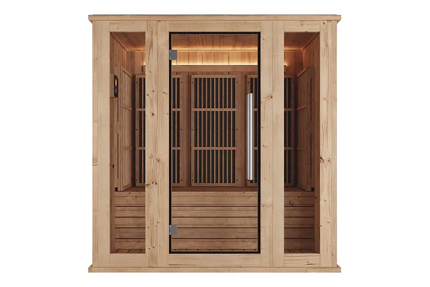 Light wood infrared indoor sauna with black-framed glass door, vertical slat interior panels, wooden benches, and illuminated
