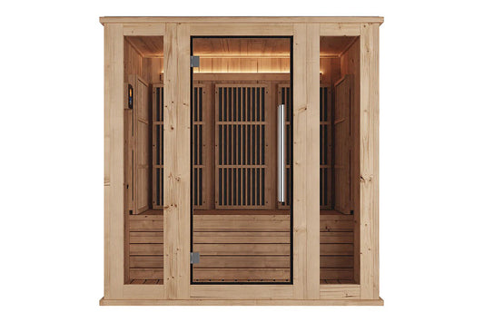 Light wood infrared indoor sauna with black-framed glass door, vertical slat interior panels, wooden benches, and illuminated