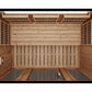 Overhead view of wooden sauna interior with light wood construction, bench seating, slatted ceiling with recessed lighting, a