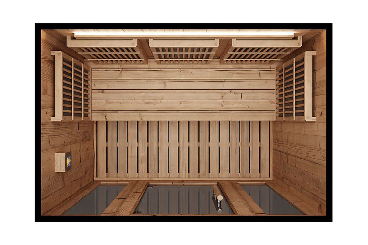 Overhead view of wooden sauna interior with light wood construction, bench seating, slatted ceiling with recessed lighting, a