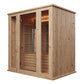 Light wood infrared sauna with glass door and interior wood benches, on white background