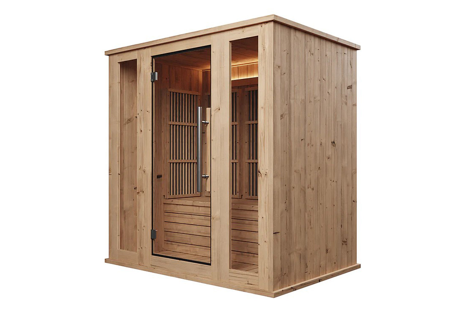 Light wood infrared sauna with glass door and interior wood benches, on white background