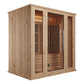 Almost Heaven Hinton 2-3 person infrared sauna with light wood exterior, glass doors, and dark wood bench interior on white b