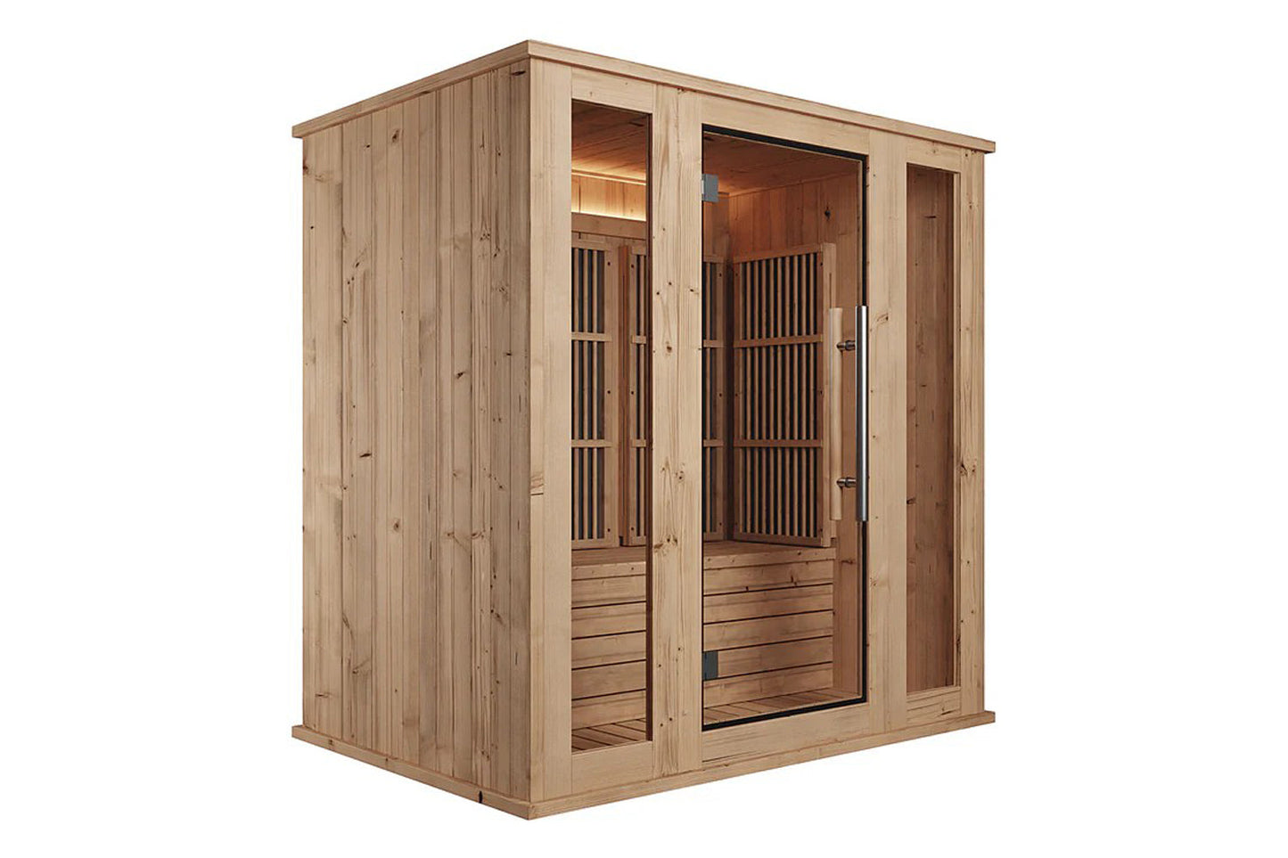 Almost Heaven Hinton 2-3 person infrared sauna with light wood exterior, glass doors, and dark wood bench interior on white b