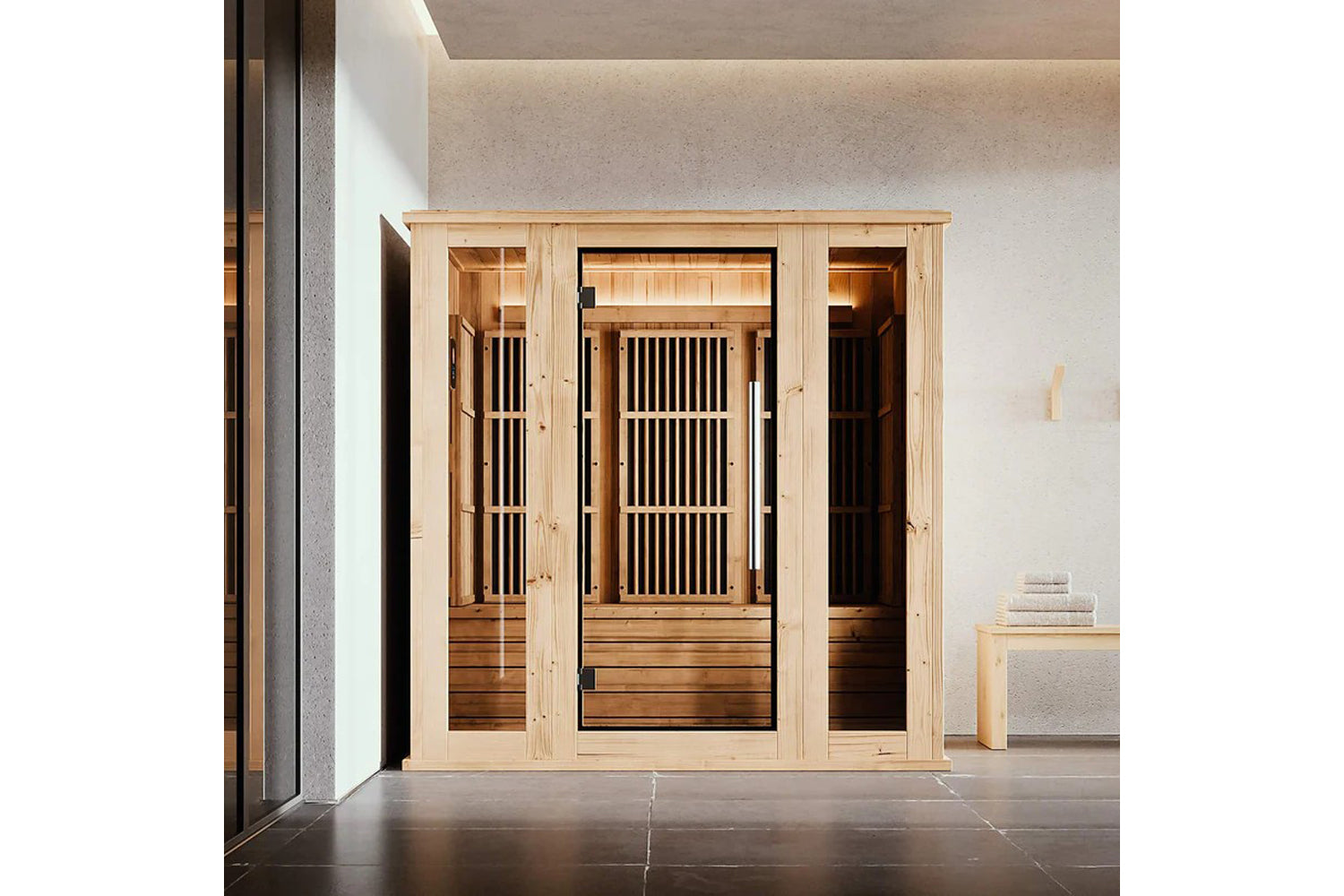 Almost Heaven Hinton 2-3 person infrared indoor sauna with light wood frame and vertical slat doors in modern spa setting