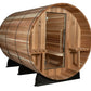 Cylindrical wooden barrel sauna with cedar construction, open door, built-in benches, and black metal support frame on white 