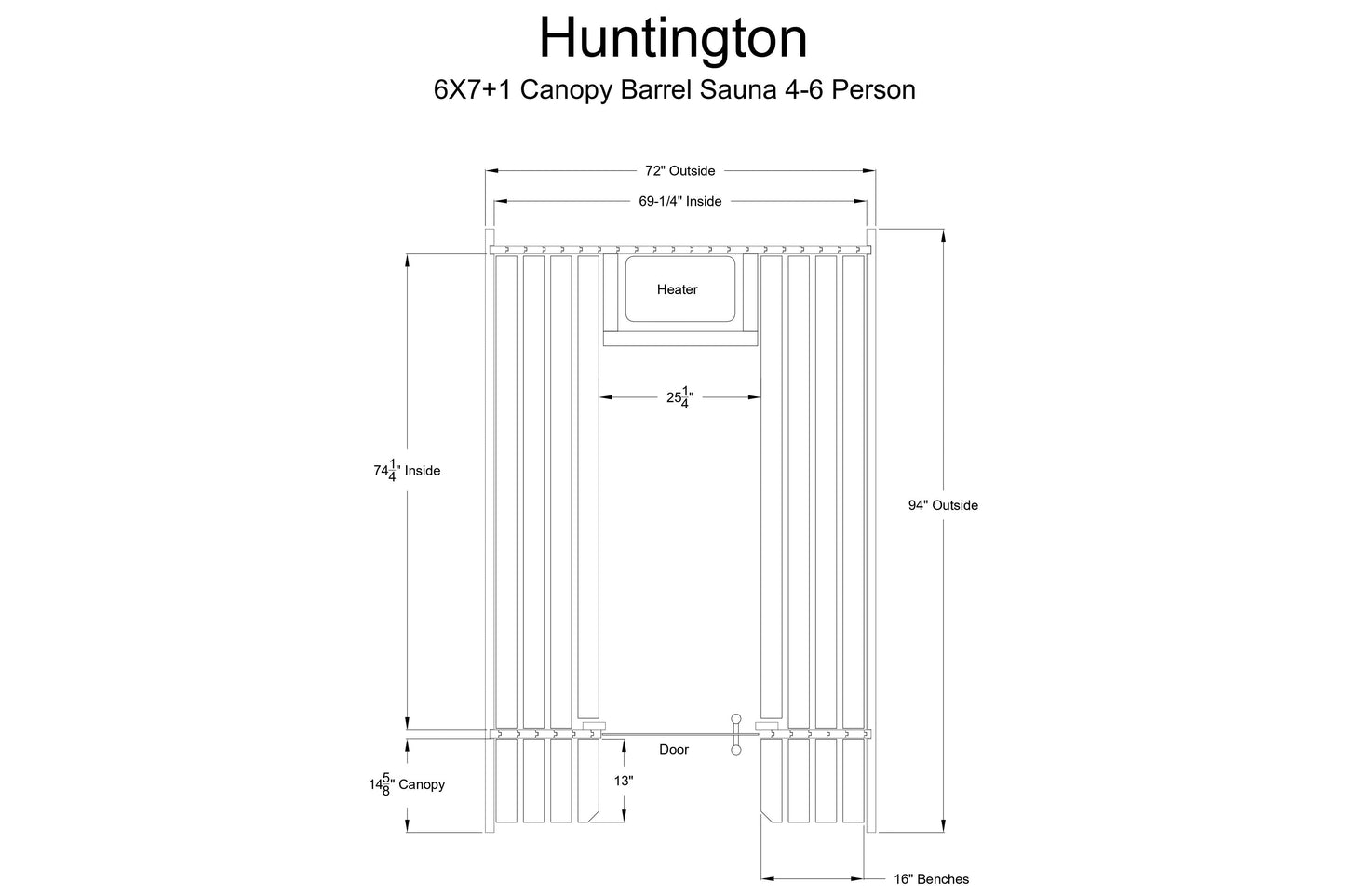 Huntington 6x7+1 canopy barrel sauna technical schematic showing dimensions, vertical wood slat construction, interior heater