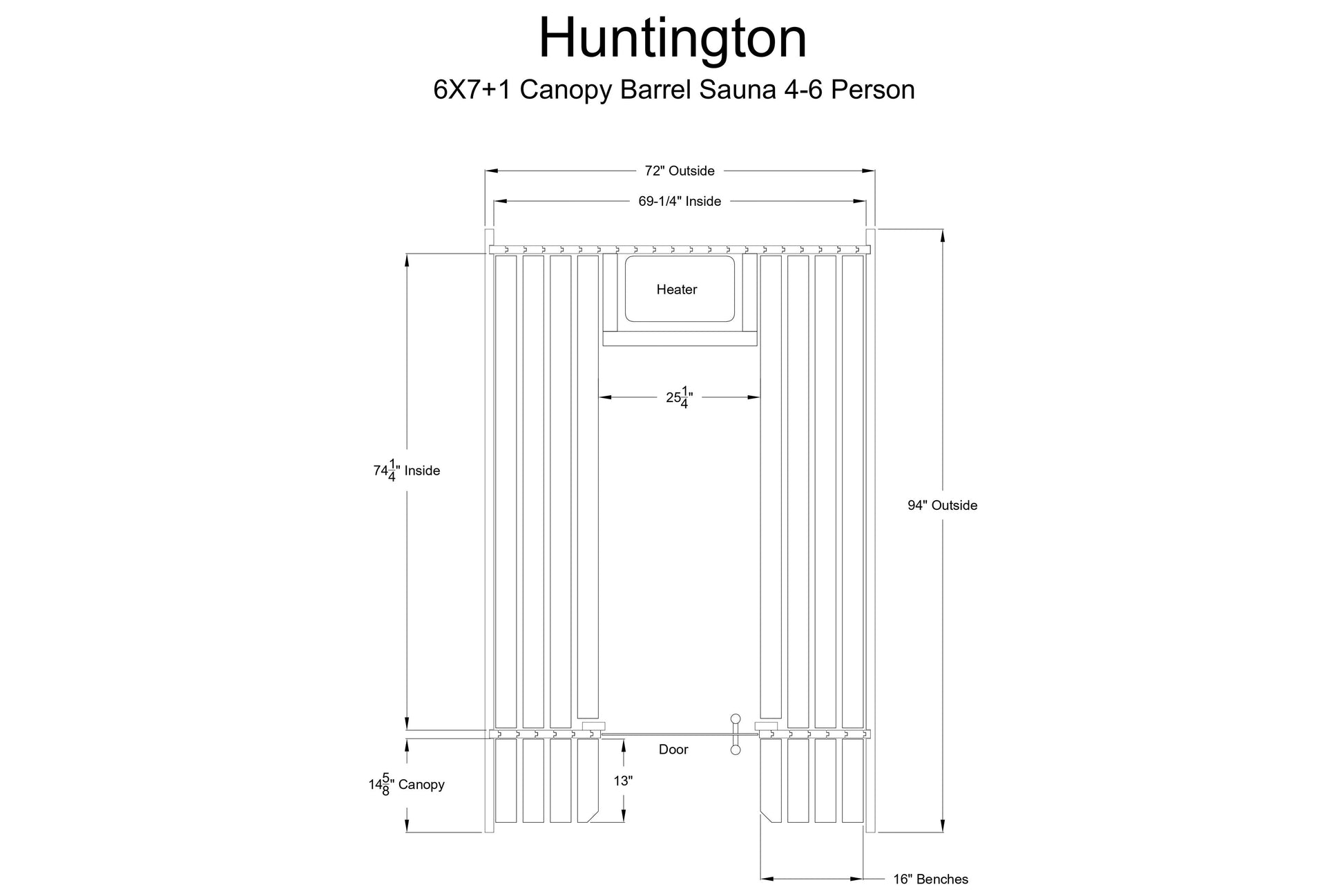 Huntington 6x7+1 canopy barrel sauna technical schematic showing dimensions, vertical wood slat construction, interior heater
