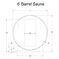 Technical schematic diagram of 6-foot barrel sauna with dimensions, showing cylindrical wooden construction with 72-inch widt