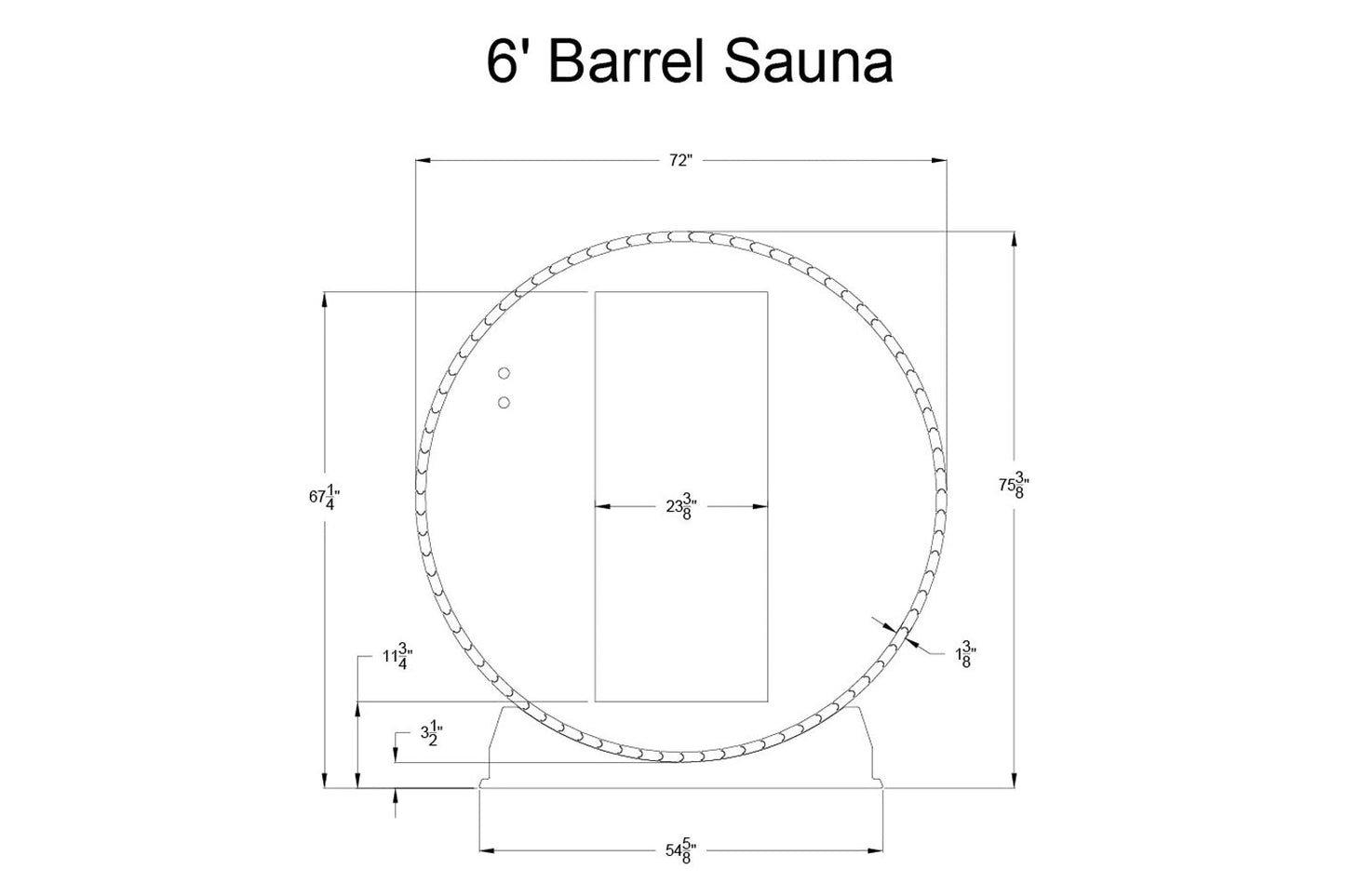 Technical schematic diagram of 6-foot barrel sauna with dimensions, showing cylindrical wooden construction with 72-inch widt
