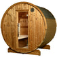 Round barrel sauna with natural wood construction, glass door, and dark shingled roof on white background