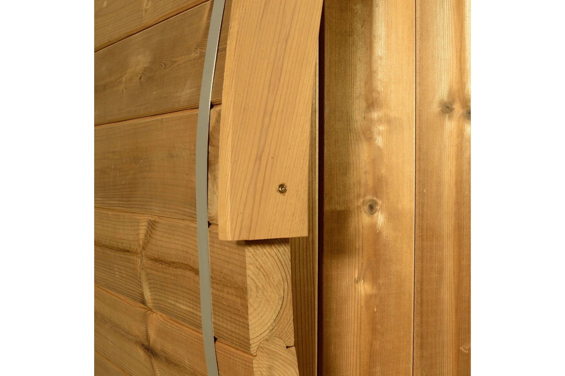 Almost Heaven Kuuma barrel sauna interior detail showing natural wood construction with vertical wooden planks and metal hard