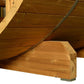 Wooden sauna interior showing curved bench seating and horizontal wood paneling on ceiling and walls, with metal support rod 