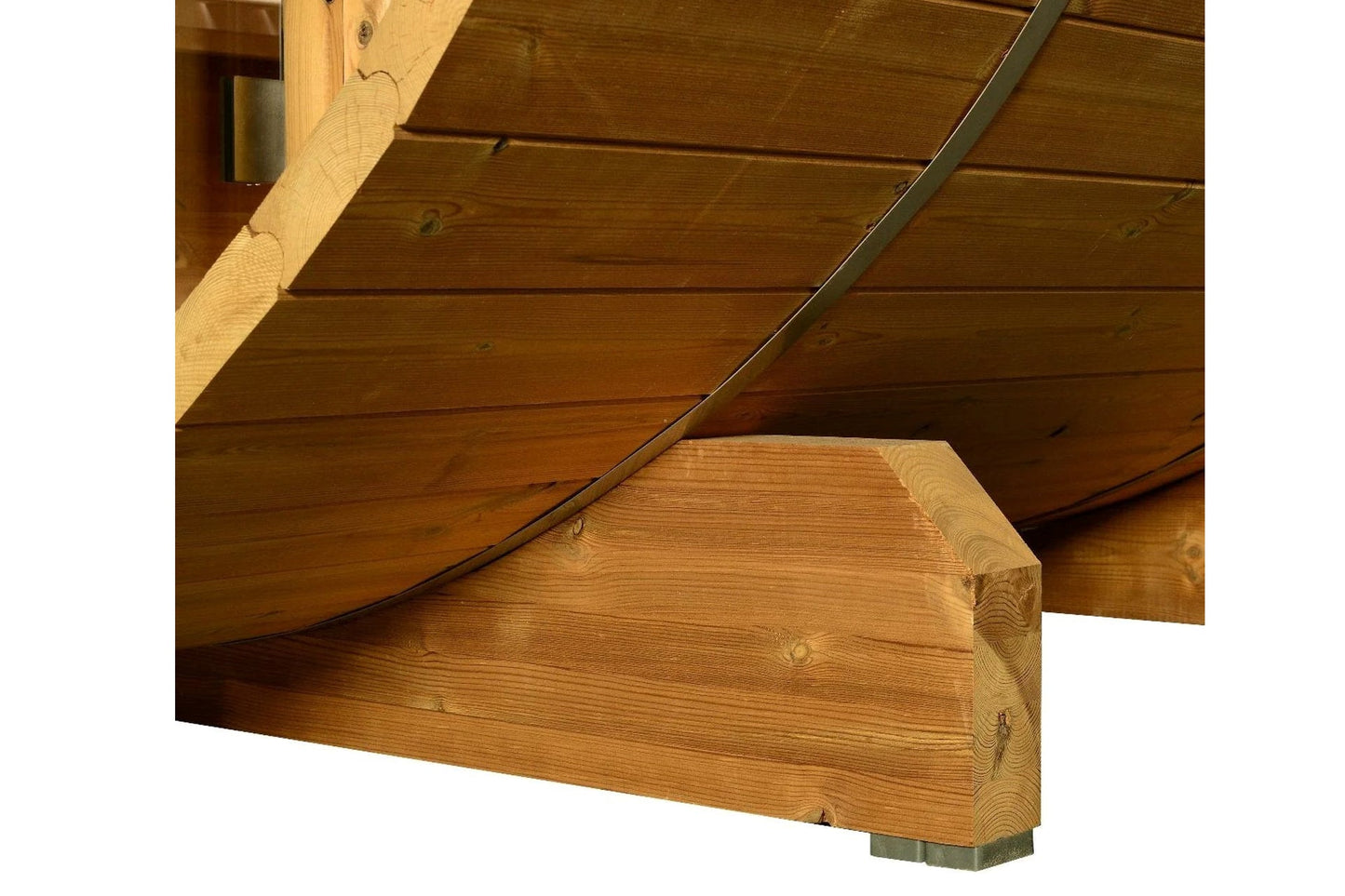 Wooden sauna interior showing curved bench seating and horizontal wood paneling on ceiling and walls, with metal support rod 