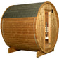 Cedar barrel sauna with gray composite shingle roof, glass door, and wooden support legs on white background