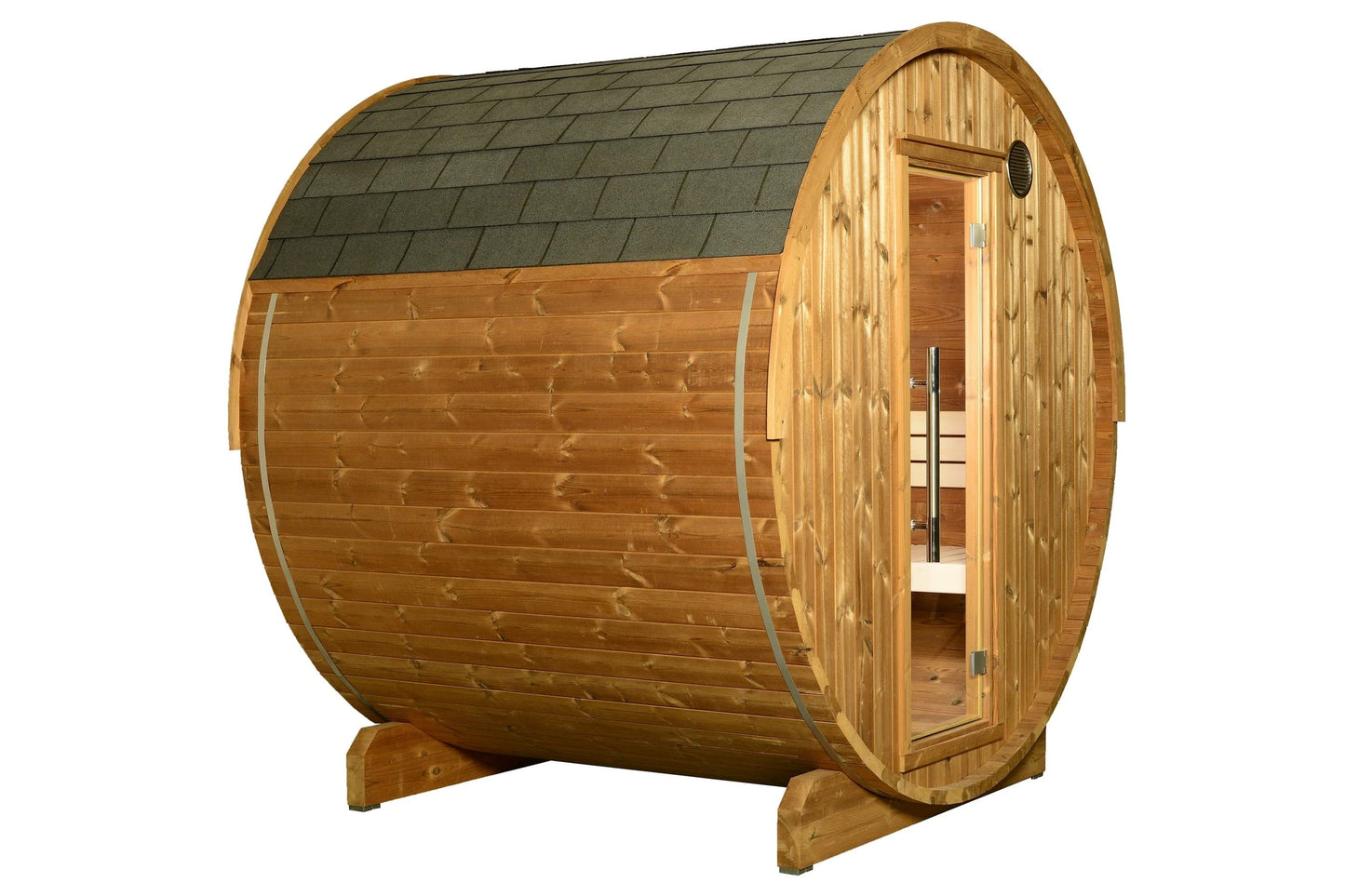 Cedar barrel sauna with gray composite shingle roof, glass door, and wooden support legs on white background