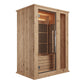 Light wood infrared sauna with glass door, interior heater panel, and bench seating on white background